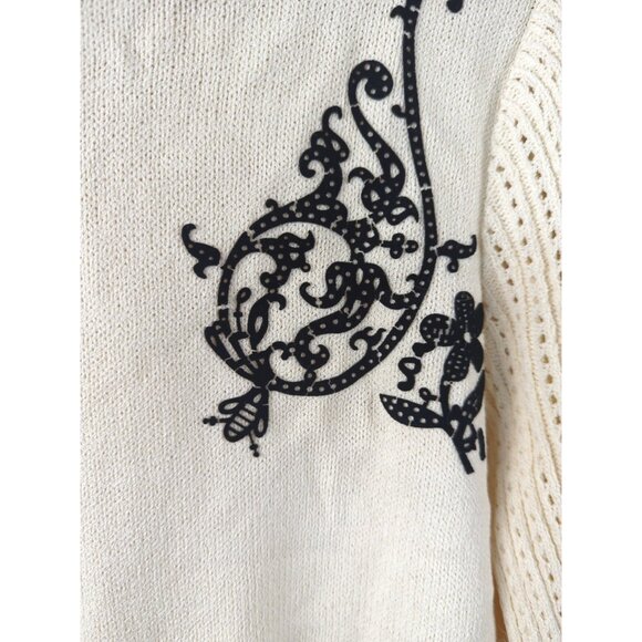 ST. JOHN Women's White Sweater Black Embroidery Knit Long Sleeve Size P STAINED - Picture 5 of 9